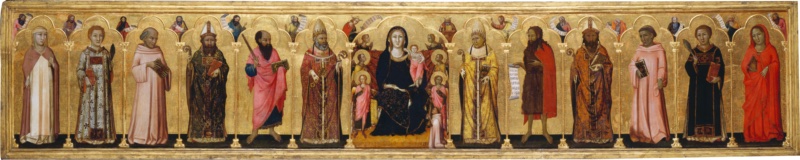 Altarpiece on both sides depicting Christ on the throne, the Twelve Apostles, and the Virgin and Child on the throne with saints